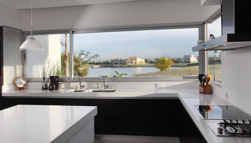 Modern kitchen with lake view