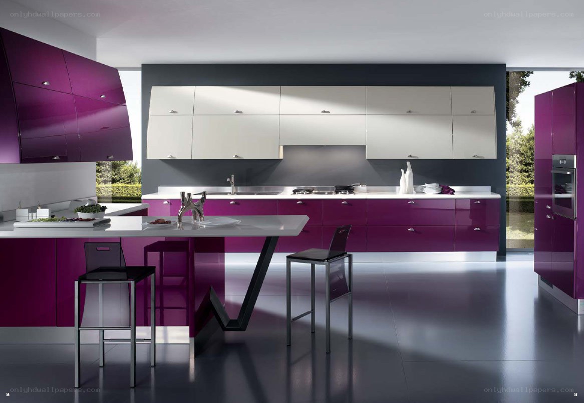 Modern kitchen with purple cabinets