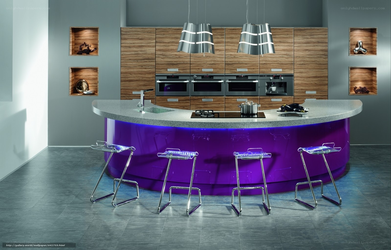 Modern kitchen with purple island