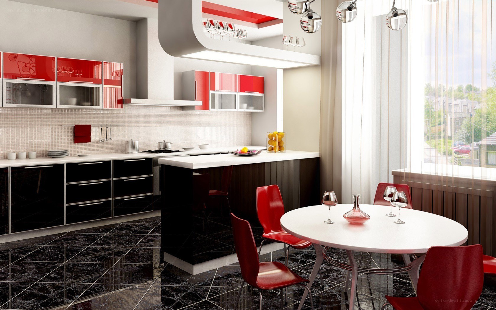 modern kitchen with red accents