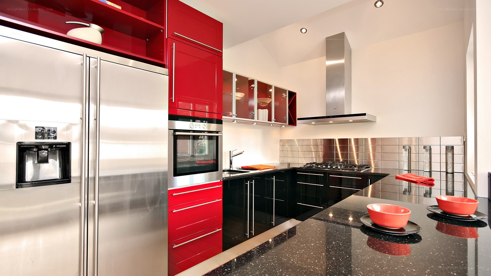Modern kitchen with red and black cabinets