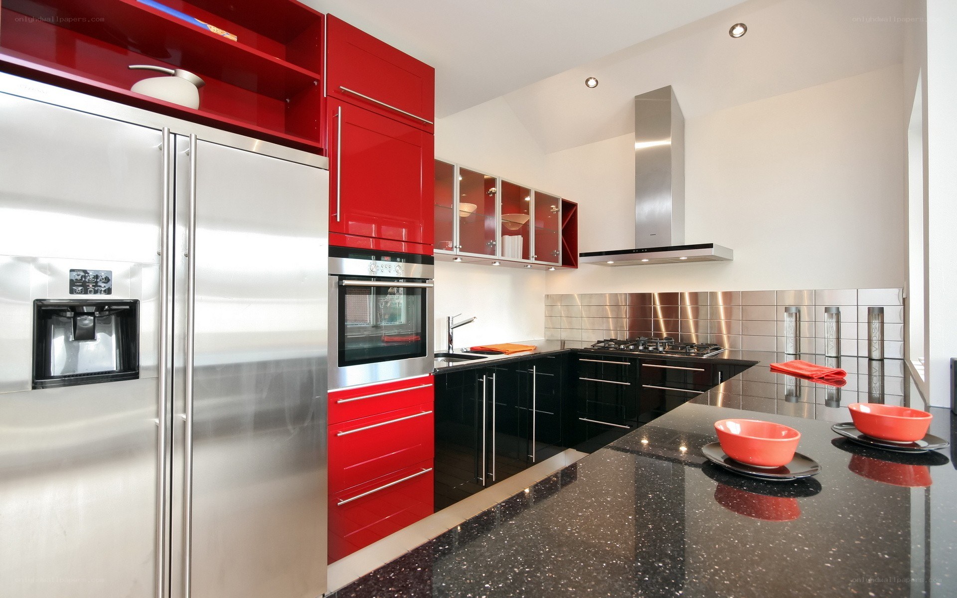 Modern kitchen with red and black cabinets