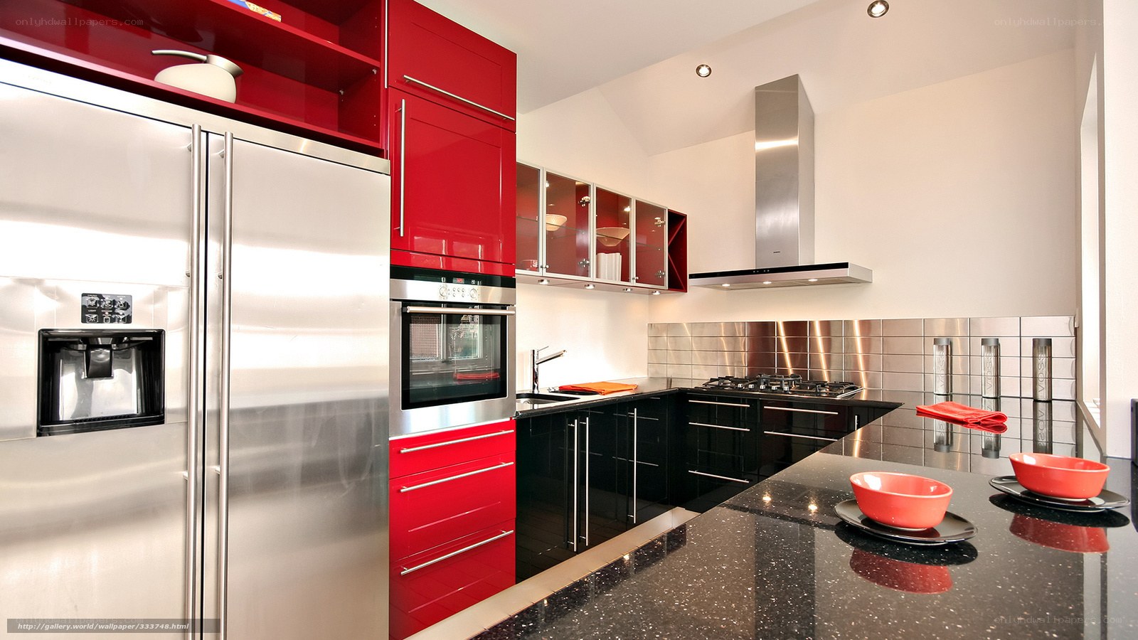 Modern kitchen with red and black cabinets