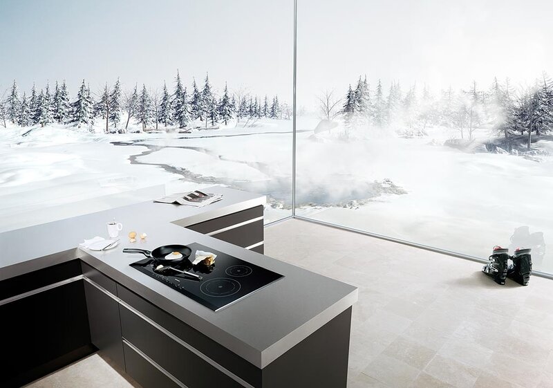 Modern kitchen with snowy view