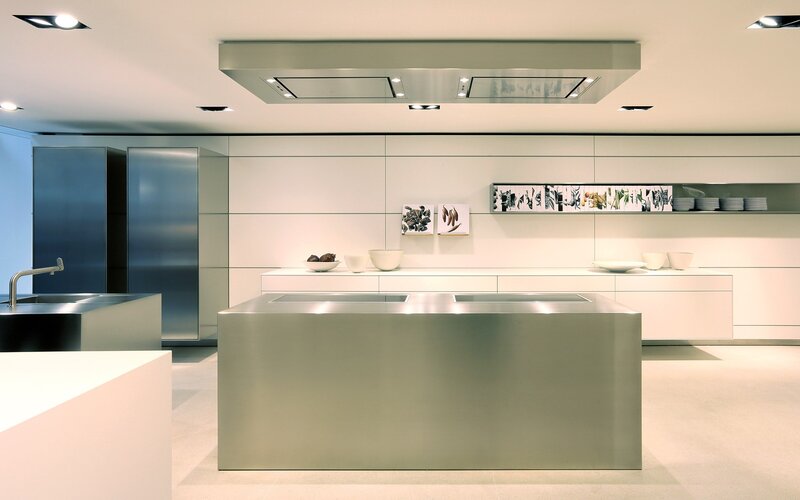 modern kitchen with stainless steel island