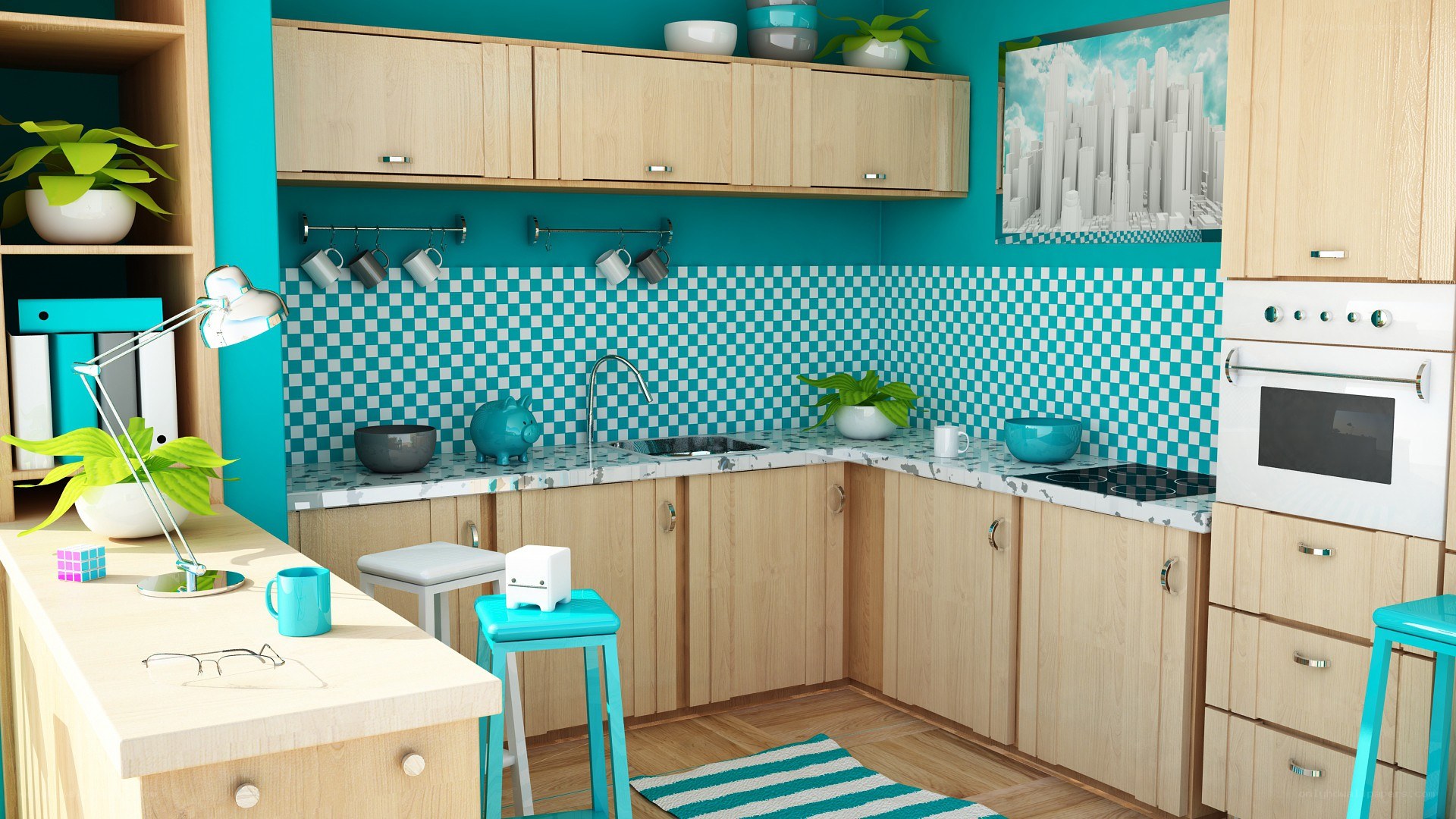 Modern kitchen with teal accents