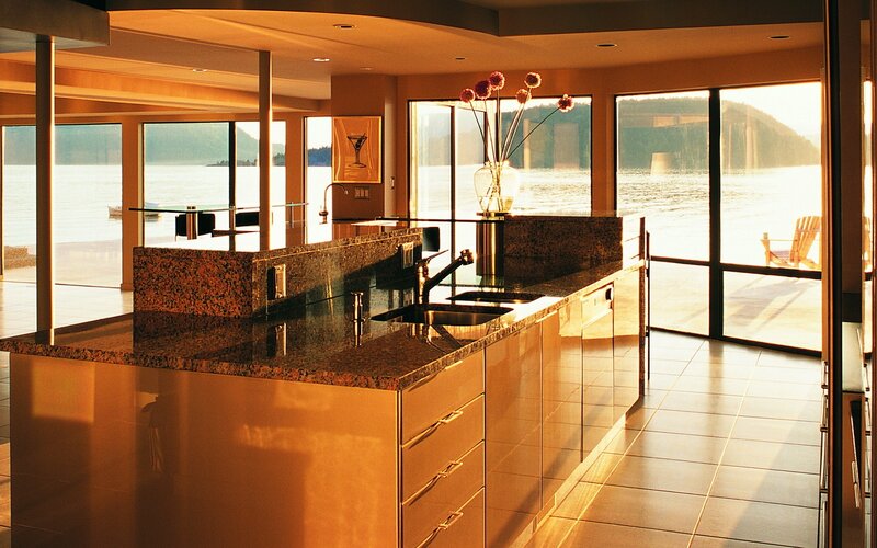 Modern kitchen with waterfront view
