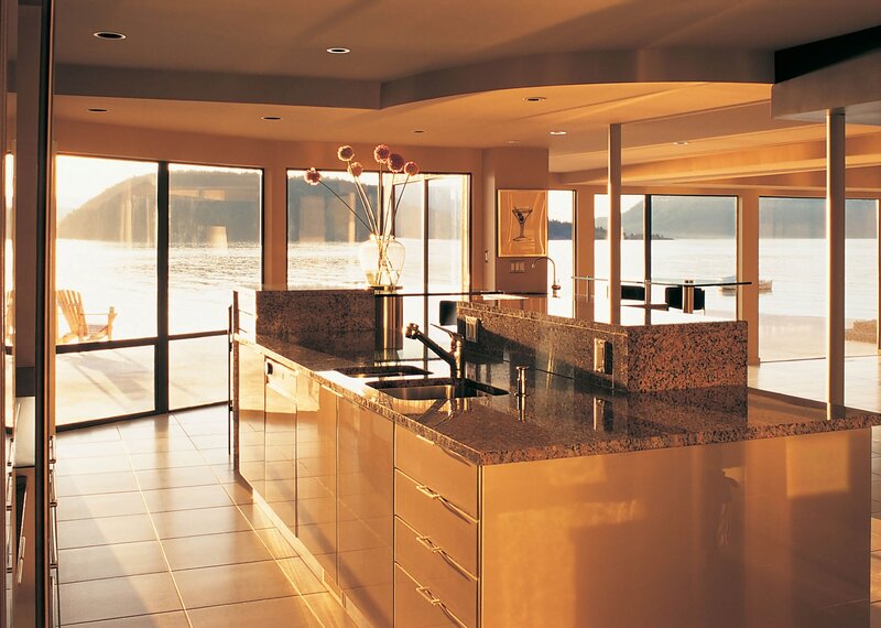 Modern kitchen with waterfront view