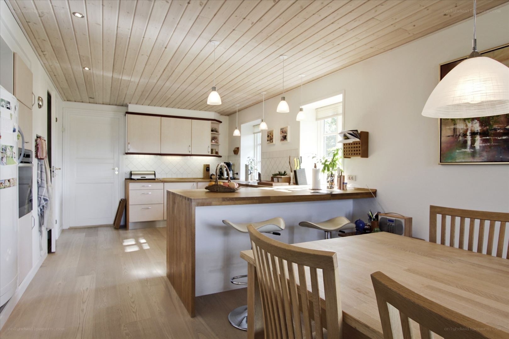 Modern kitchen with wooden ceiling