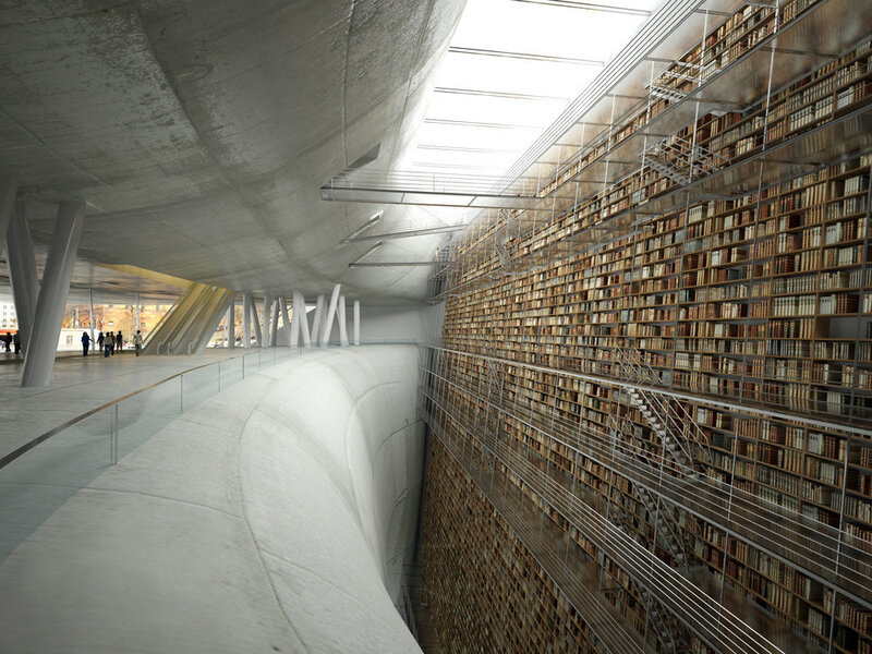Modern library interior with bookshelves