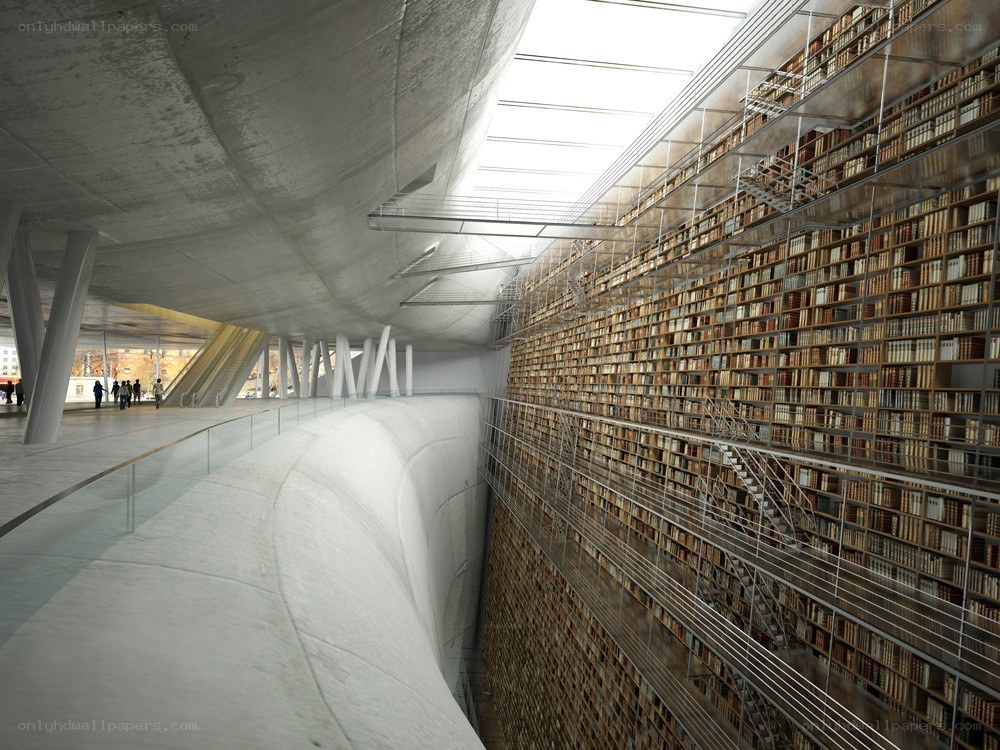 Modern library interior with bookshelves