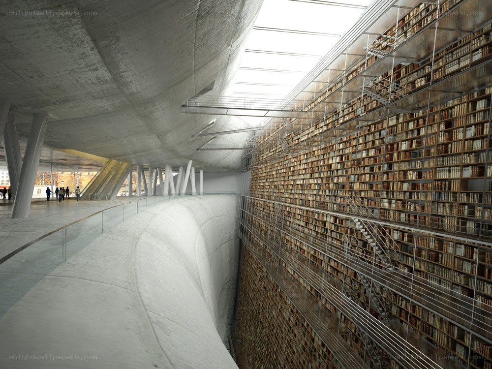 Modern library interior with bookshelves