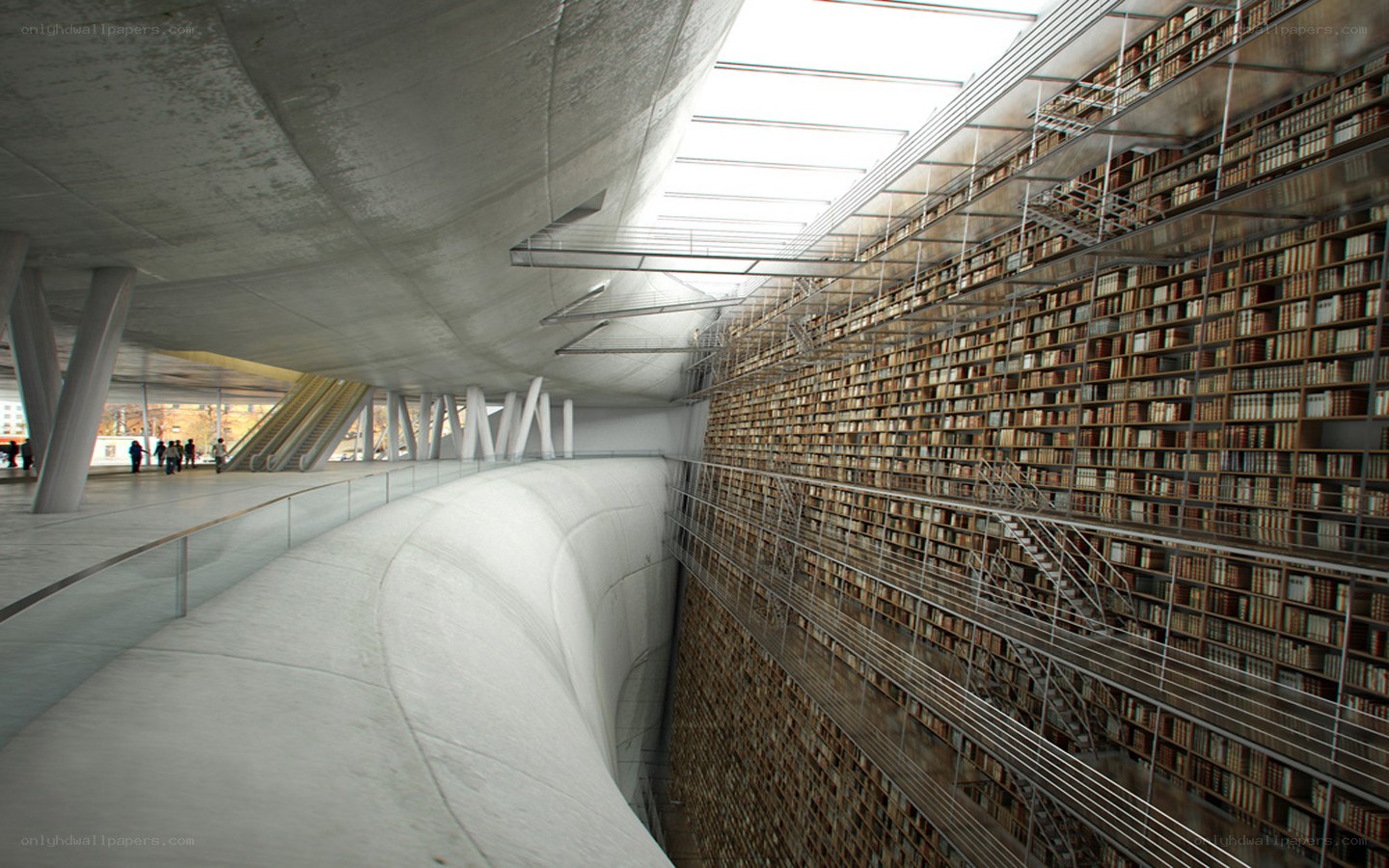 Modern library interior with bookshelves