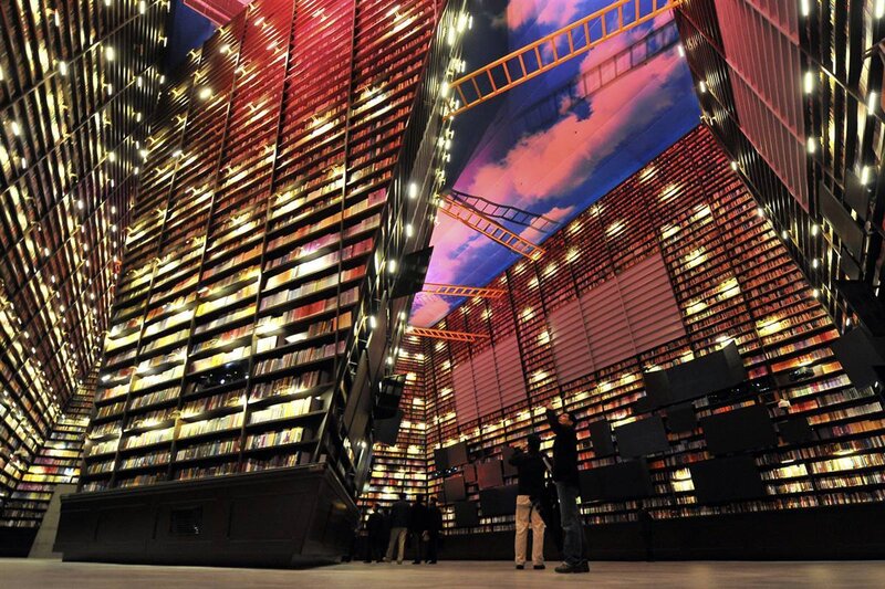 modern library with bookshelves