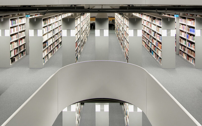 Modern library with bookshelves