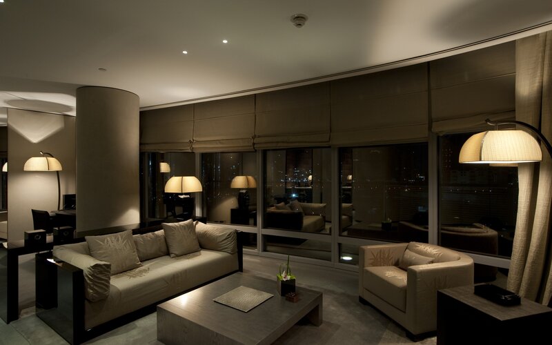 Modern living room at night