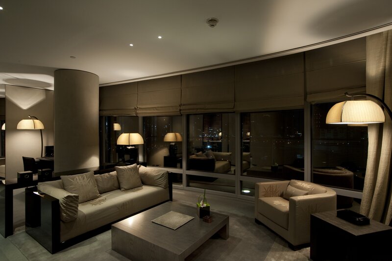 Modern living room at night