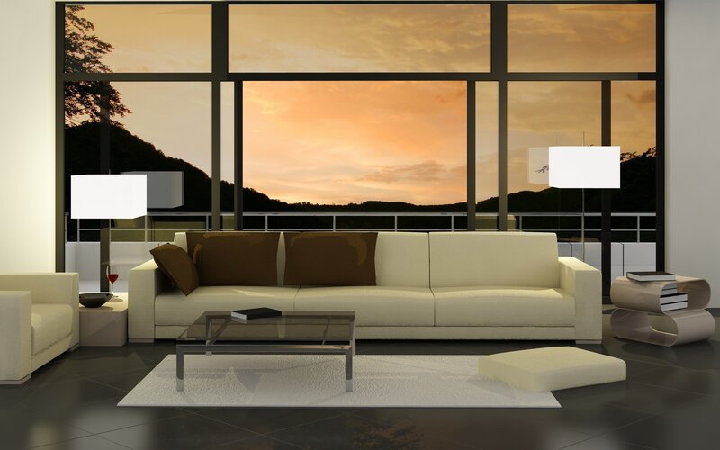 Modern living room at sunset