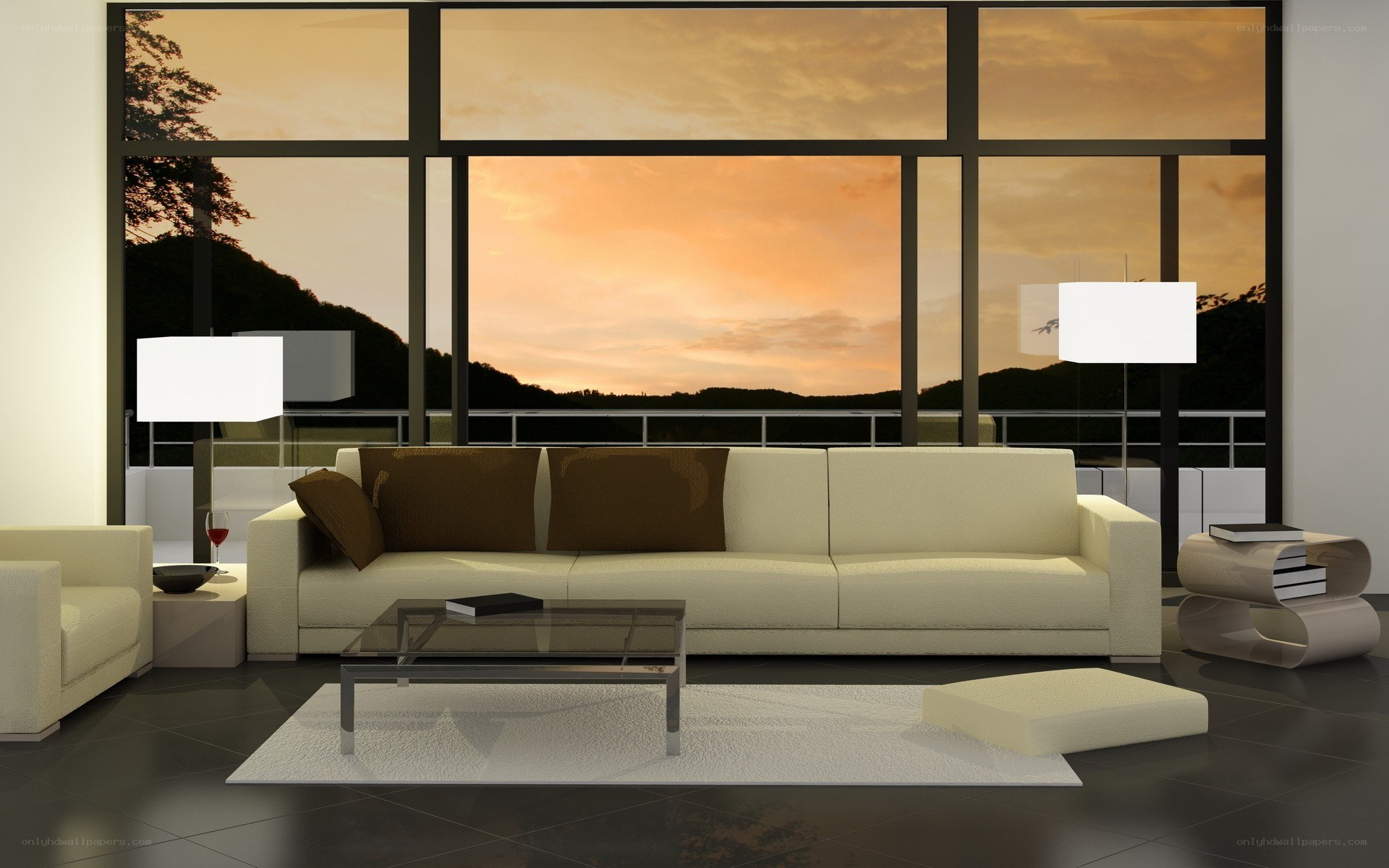 Modern living room at sunset