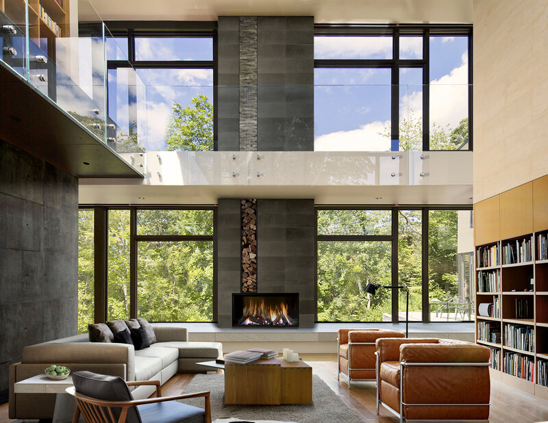 Modern Living Room — Brown, Serene, Afternoon, Photograph, Fireplace