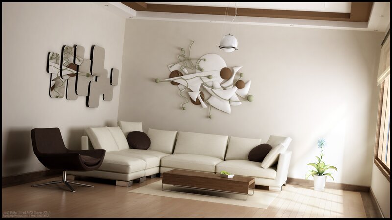 Modern Living Room Interior — Beige, Serene, Afternoon, 3d Render, Sofa, Artwork, Plant