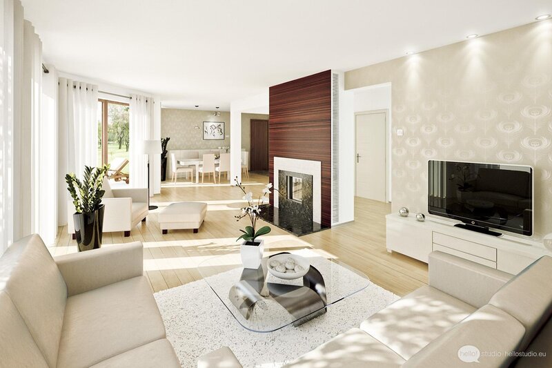Modern Living Room Interior — Beige, Serene, Afternoon, 3d Render, Sofa, Fireplace