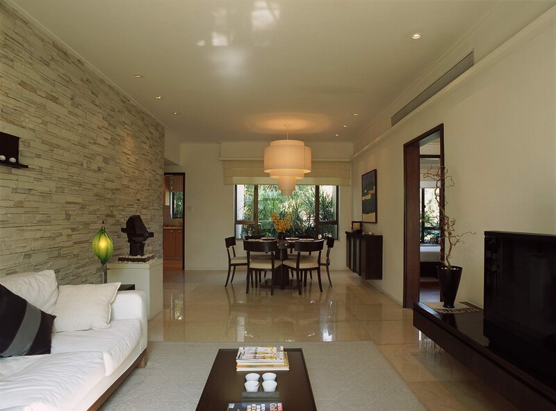 Modern Living Room Interior — Beige, Serene, Afternoon, Photograph, Stone Wall