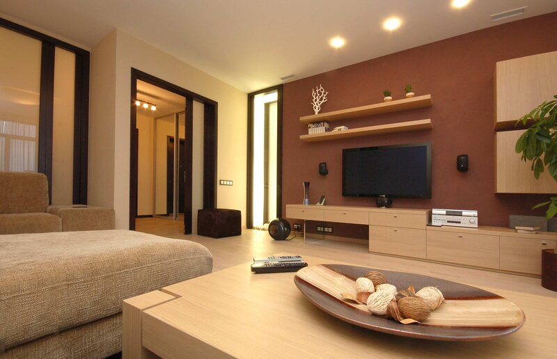 Modern Living Room Interior — Brown, Calm, Night