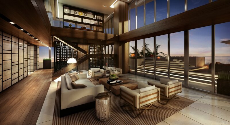 Modern Living Room Interior — Brown, Serene, Sunset