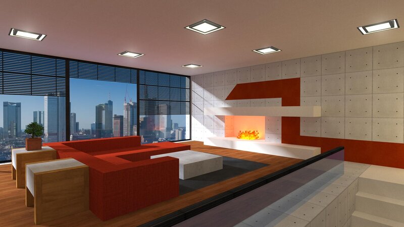 Modern Living Room Interior — Red, Contemporary, Afternoon
