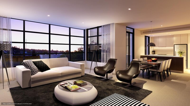 Modern Living Room Interior — White, Calm, Sunset