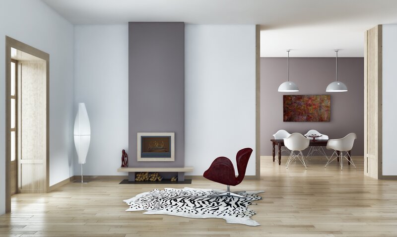 Modern Living Room Interior — White, Minimalist, 3d Render, Fireplace, Dining Table