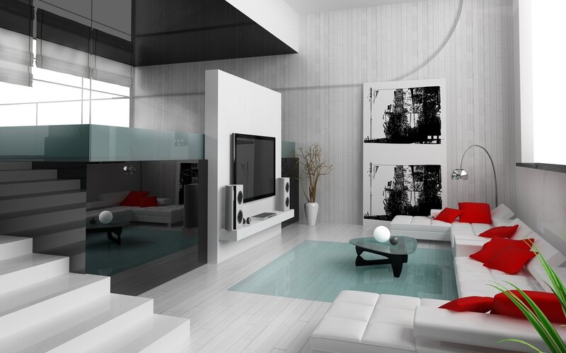 Modern Living Room Interior — White, Minimalist, 3d Render, Sofa, Television