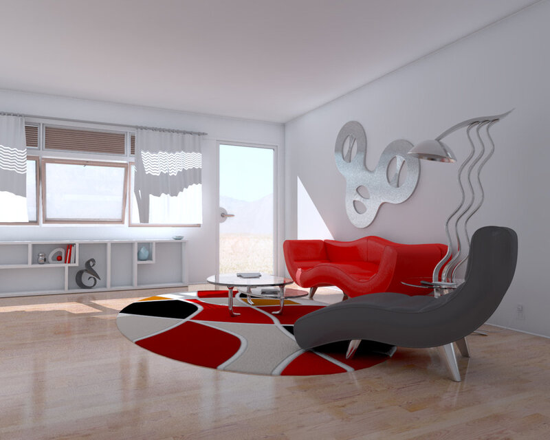 Modern Living Room Interior — White, Minimalist, Afternoon, 3d Render, Red Sofa