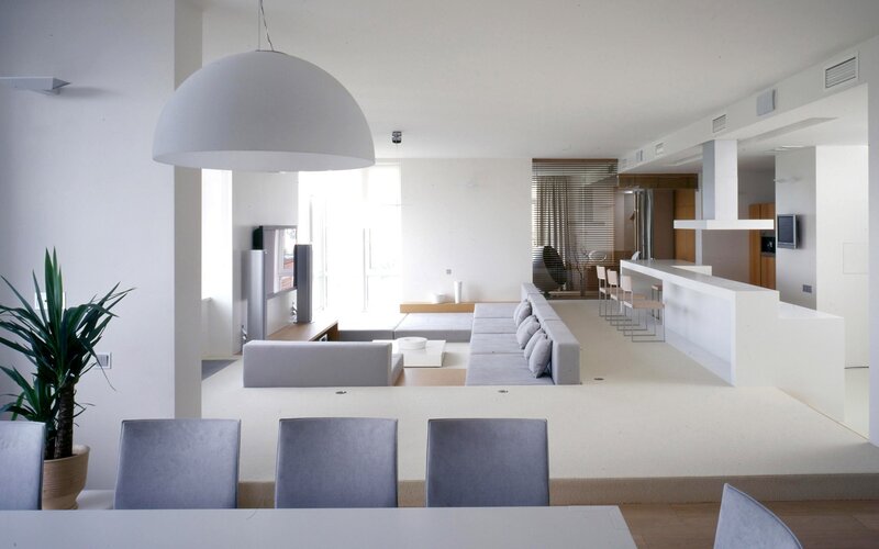 Modern Living Room Interior — White, Minimalist, Afternoon, Photograph, Sofa