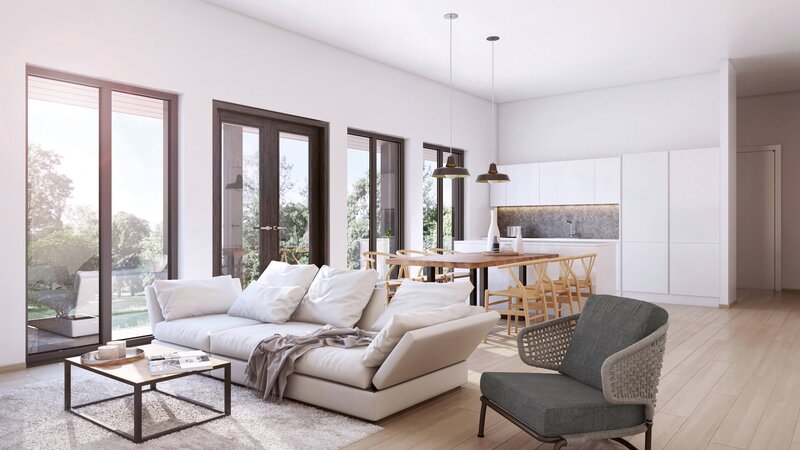 Modern Living Room Interior — White, Serene, Afternoon, 3d Render, Sofa, Dining Table, Kitchen