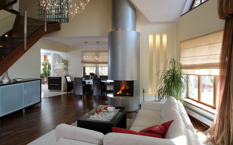Modern Living Room Interior — White, Serene, Afternoon, Photograph, Fireplace