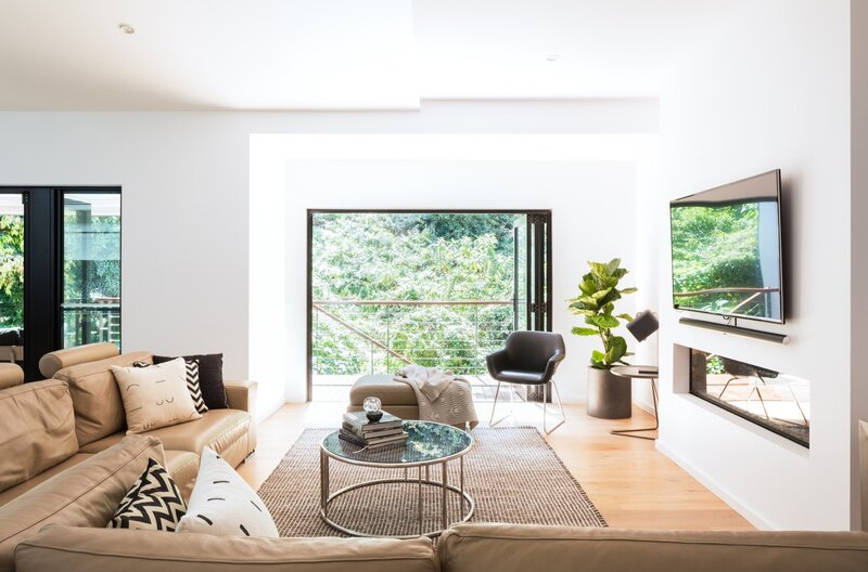 Modern Living Room Interior — White, Serene, Afternoon, Photograph, Sofa, Coffee Table, Television
