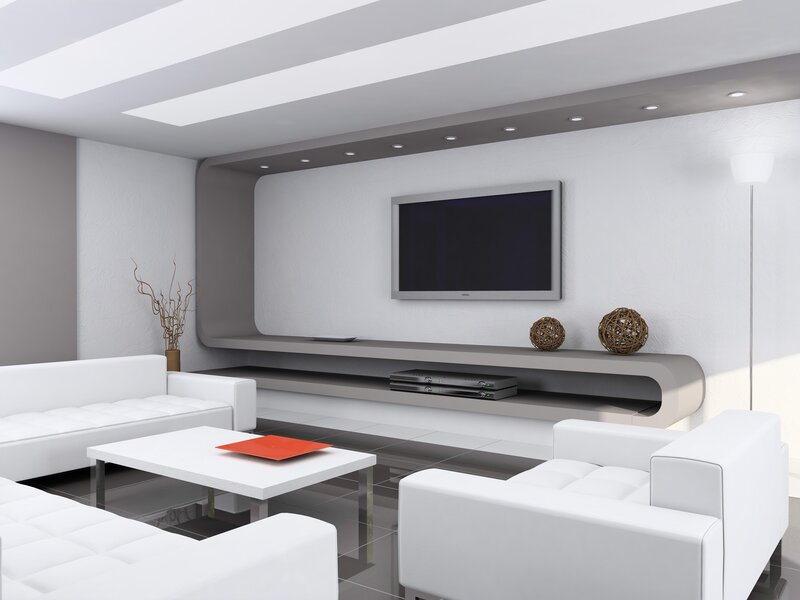 Modern Living Room — White, Minimalist, 3d Render, Sofa, Tv