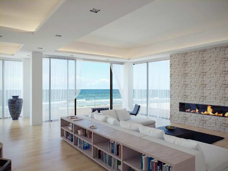 Modern Living Room — White, Serene, Afternoon, 3d Render, Fireplace