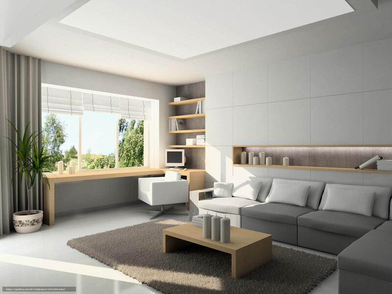 Modern Living Room — White, Serene, Afternoon, 3d Render, Sofa, Desk