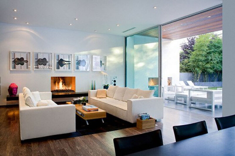 Modern Living Room — White, Serene, Afternoon, Photograph, Fireplace
