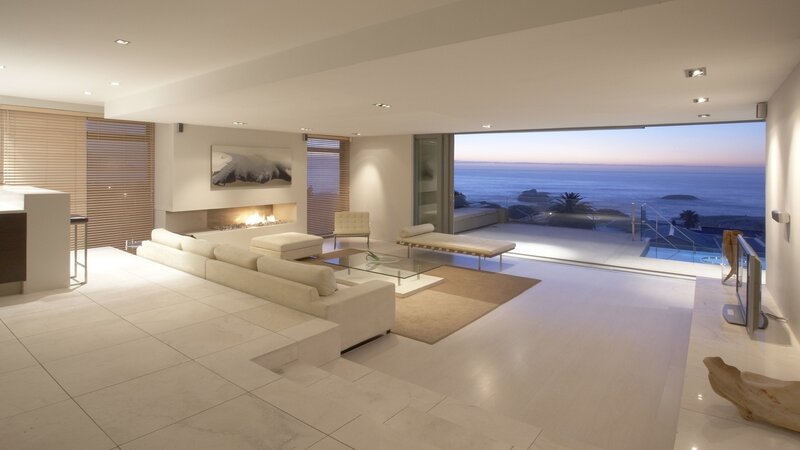 Modern Living Room — White, Serene, Sunset, Photograph, Fireplace, Sea View, Pool