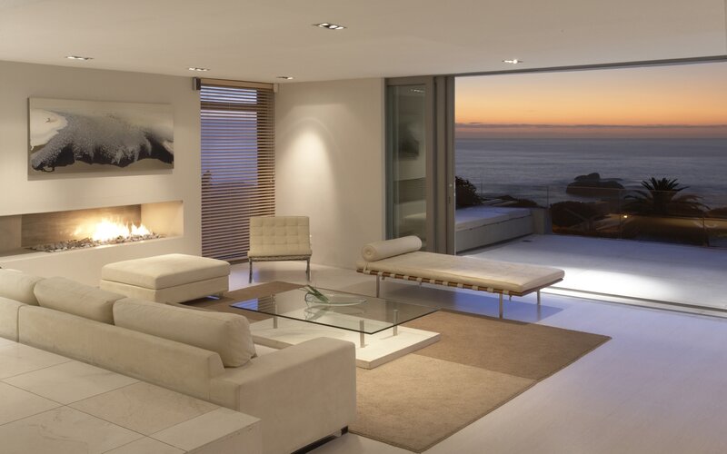Modern Living Room — White, Serene, Sunset, Photograph, Fireplace, Sea View, Sofa