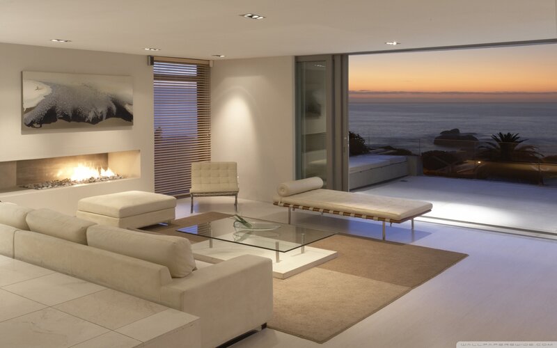Modern Living Room — White, Serene, Sunset
