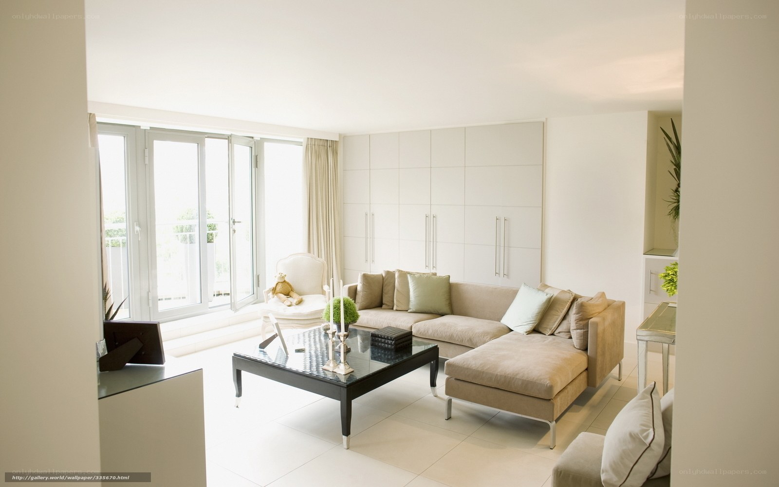 Modern living room with beige sofa