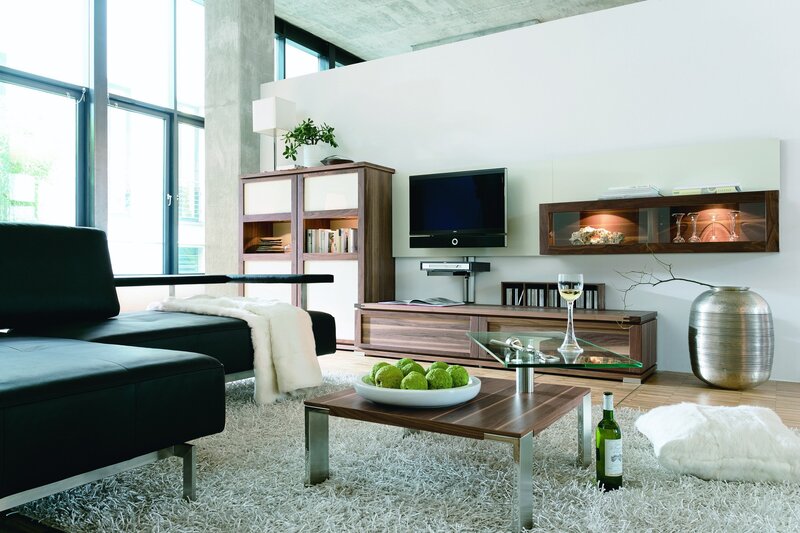 Modern living room with black sofa