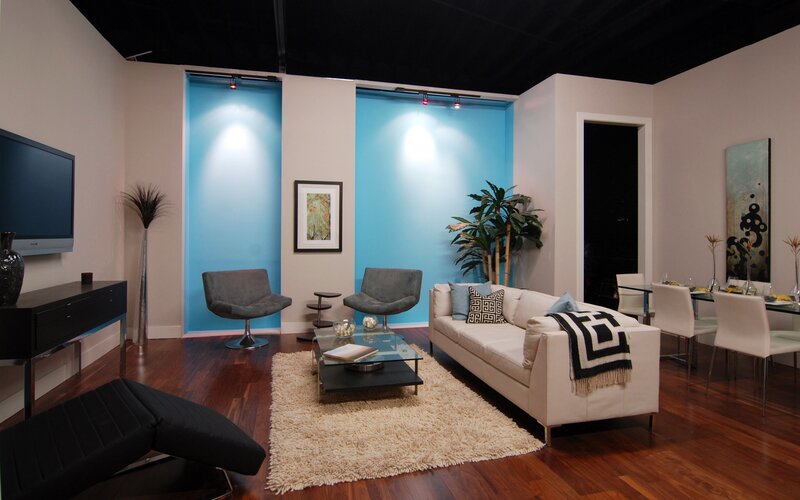 modern living room with blue accent walls