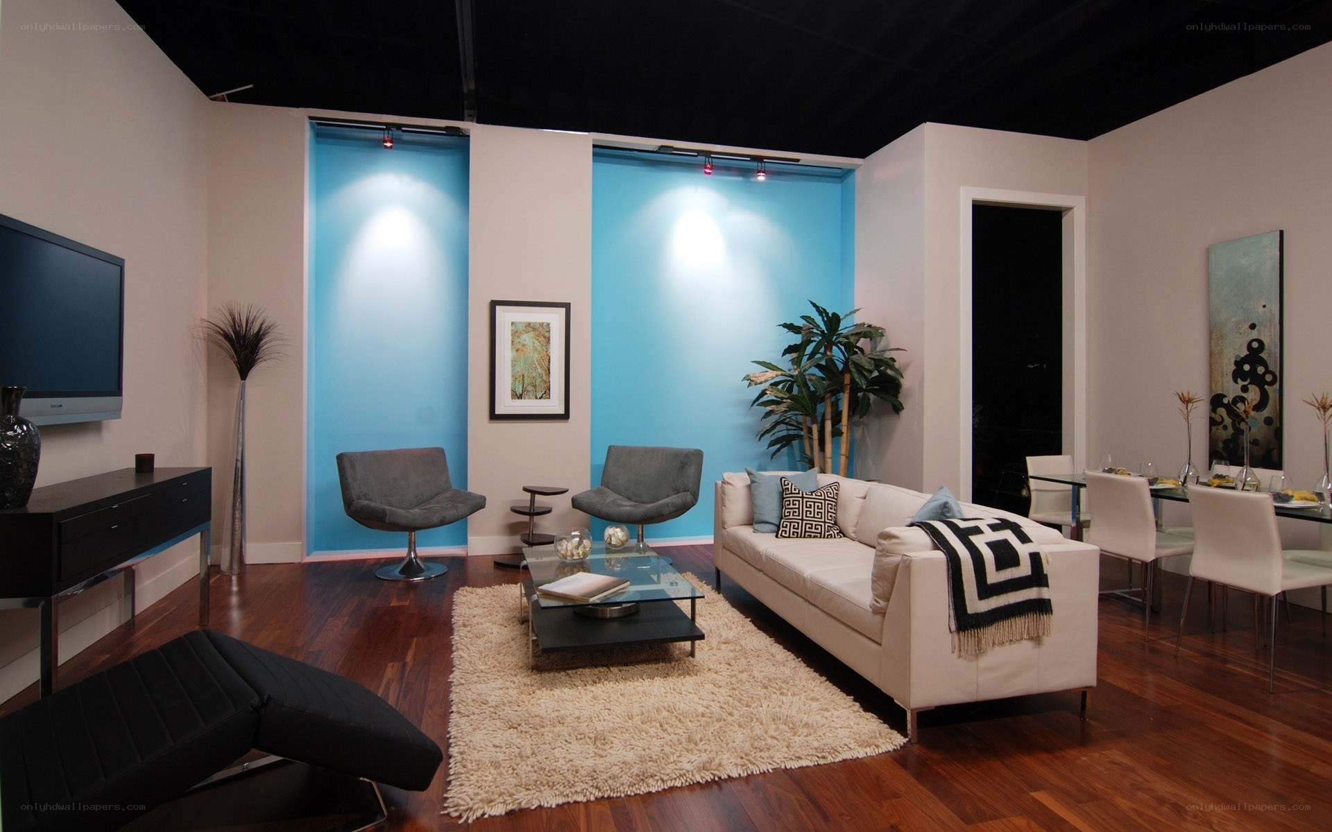 Modern living room with blue accent walls