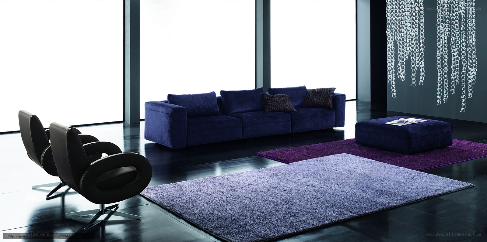 Modern living room with blue sofa